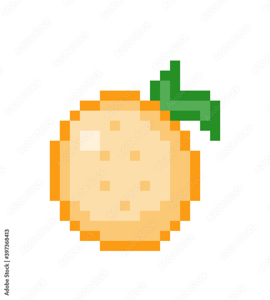 Orange fruit pixel image. Fruits pixel in Vector illustration for game assets or cross stitch pattern.