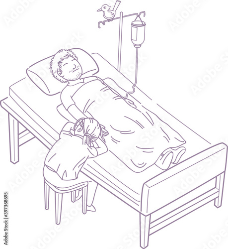 girl with dad was ill on bed in hospital