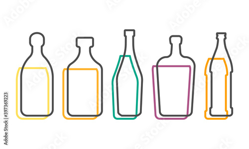 Simple line shape of tequila rum martini liquor and beer bottle. One contour figure of flask, the second drink. Outline symbol beverage black color. Sign liquid colored. Isolated flat illustration