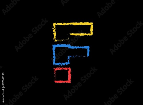 F letter hand write vector desing, brush font logo. Blue, red, yellow color on black background. For social media,design elements, creative poster, web template and more