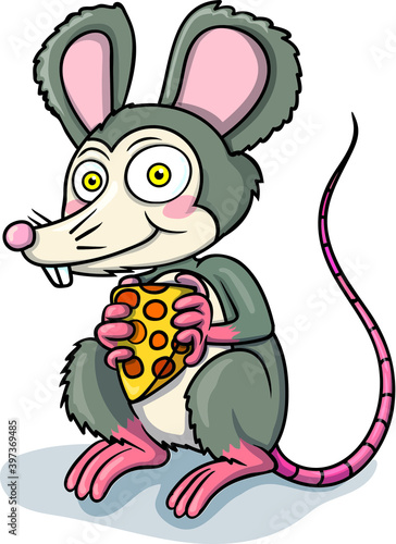 rat holds a cheese cub in hand cartoon vector © ziemanzgraph