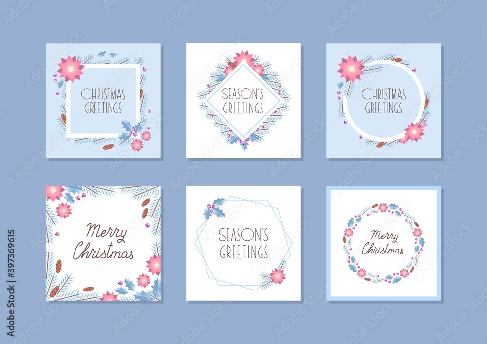 Winter holiday templates. Collection of greeting cards with Christmas tree branches, holly berries and Christmas flowers with blue frames.