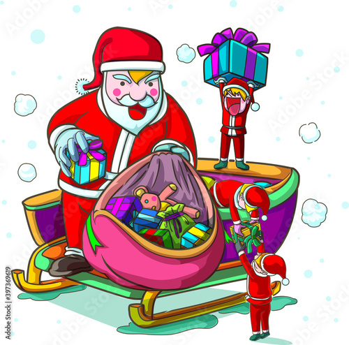 Santaclaus prepares gifts with his team to give to human for happines © ziemanzgraph