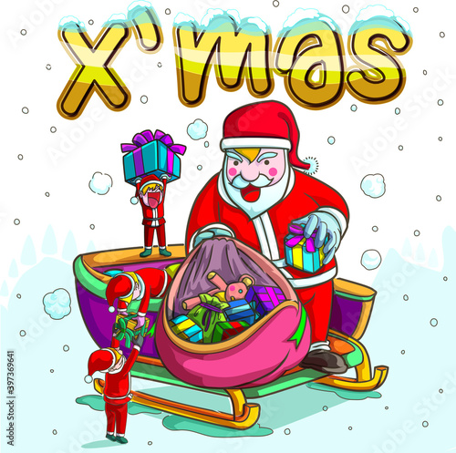 Santaclaus prepares gifts with his team to give to the children colorful © ziemanzgraph