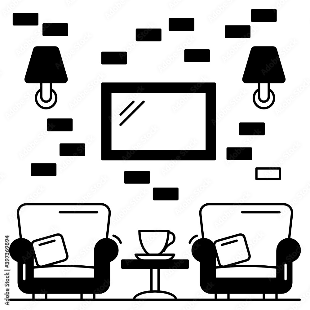 Sing Sofa behind decorated Wall with Center Compact table Vector Icon Design, Interior design of a rest room Concept, Sing Sofa behind decorated Wall with Center Compact table Vector Icon Design, Interior design of a rest room Concept,