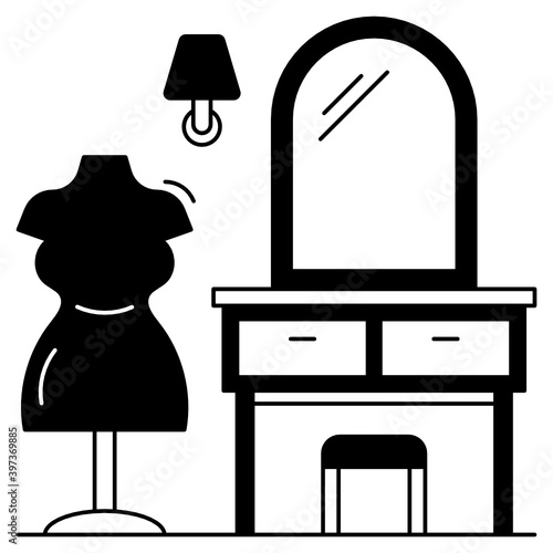 Mirror vanity makeup, Dummy and accessories Vector Glyph Icon Design, Dressing room Interior Decoration Concept, 