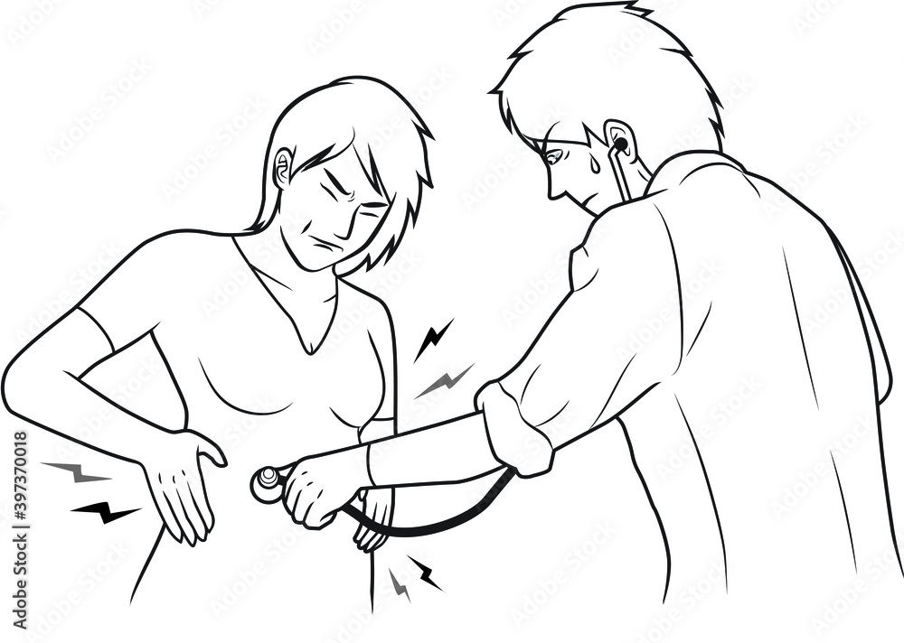 The doctor examines the stomach of a patient is experiencing of abdominal pain outline The doctor examines the stomach of a patient is experiencing of abdominal pain outline