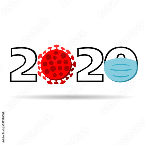 2020 lettering with covid-19  covid - 19 coronavirus virus cell and blue facemask isolated in white background