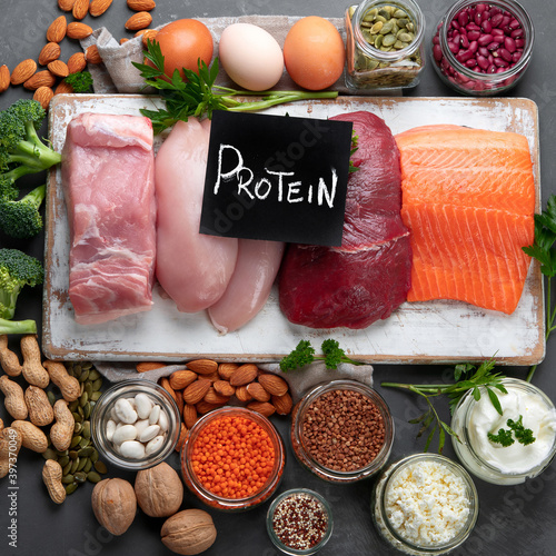 Best products high in protein. Healthy eating and diet concept