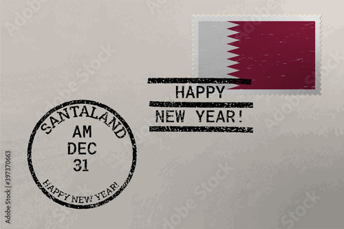 Postage stamp envelope with Qatar flag and New Year stamps, vector