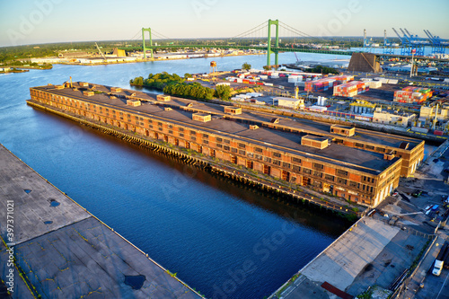 Aerial View of Abandoned Docks and Warehouse On the Delaware River Philadelphia