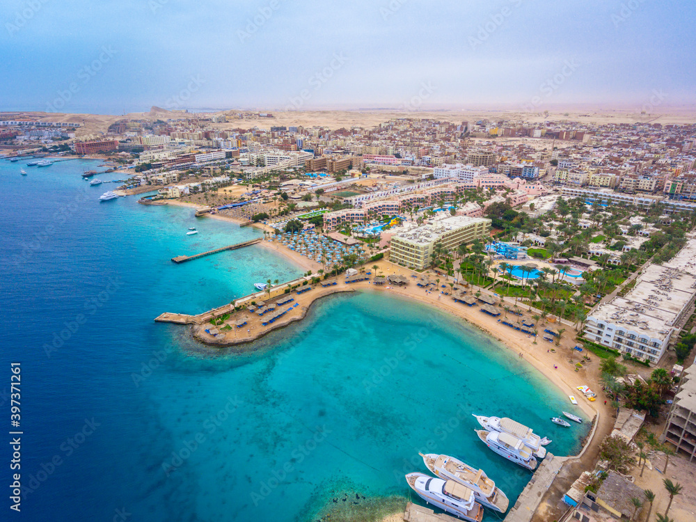 An aerial view on Hurghada town located on the Red Sea coast in Egypt.