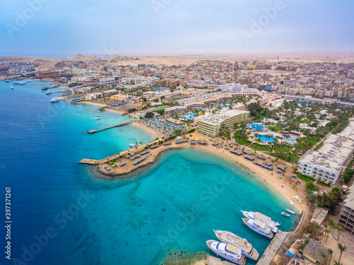 An aerial view on Hurghada town located on the Red Sea coast in Egypt. © Aliaksandr