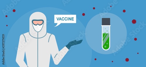 doctor with vaccine. doctor in white suit with coronavirus pneumonia vaccine. horizontal banner in flat style.universal covid vaccination poster