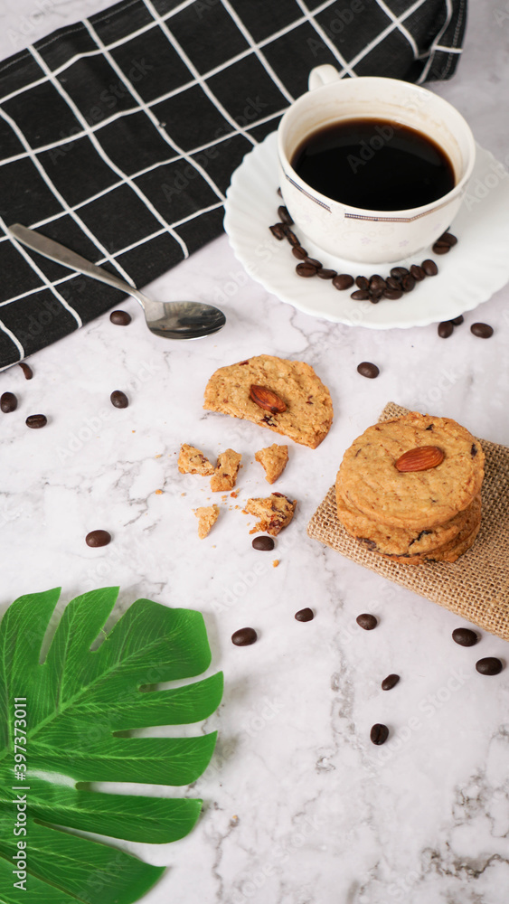 breakfast frothy espresso coffee accompanied by delicious almond cookies breakfast frothy espresso coffee accompanied by delicious almond cookies