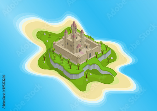 Isometric of island with medieval castle