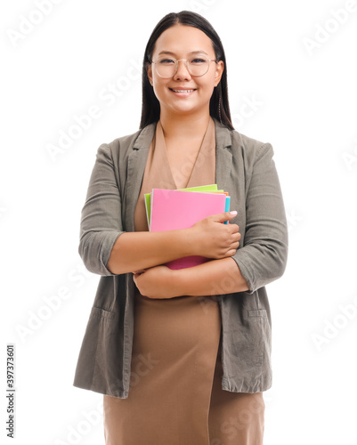 Asian female teacher on whi...
