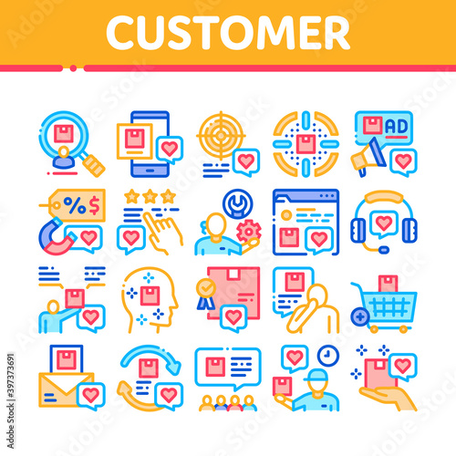 Buyer Customer Journey Collection Icons Set Vector. Customer Research And Want Buy Goods, Online Shopping App And Order Delivery, Support And Review Concept Linear Pictograms. Contour Illustrations