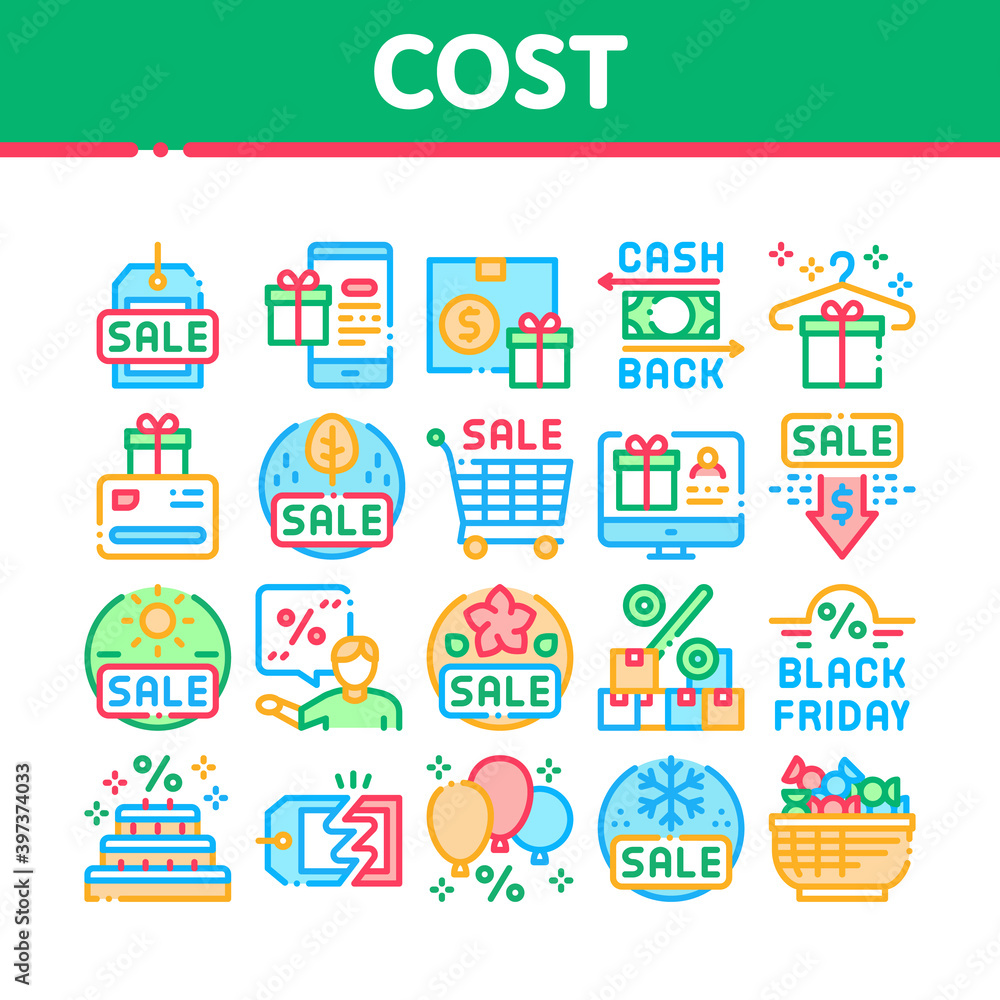 Cost Reduction Sale Collection Icons Set Vector. Winter And Summer Seasonal Cost Reduction, Discount Card And Black Friday, Cashback And Gift Concept Linear Pictograms. Contour Illustrations Cost Reduction Sale Collection Icons Set Vector. Winter And Summer Seasonal Cost Reduction, Discount Card And Black Friday, Cashback And Gift Concept Linear Pictograms. Contour Illustrations