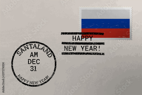 Postage stamp envelope with Russia flag and New Year stamps, vector