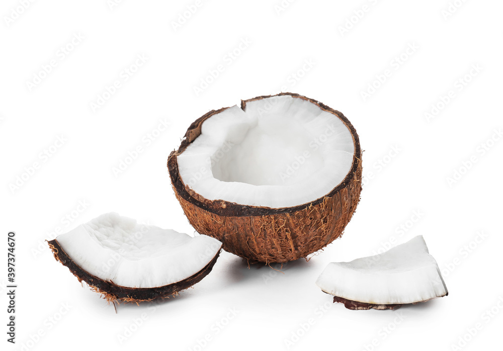 Pieces of ripe coconut on white background Pieces of ripe coconut on white background