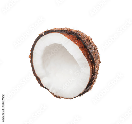 Half of ripe coconut on white background