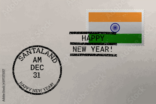 Postage stamp envelope with India flag and New Year stamps, vector