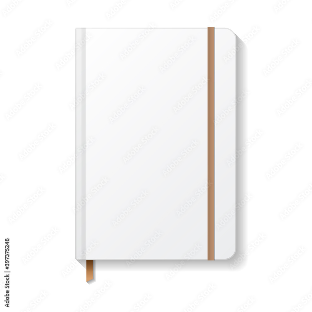 Blank white notebook with brown elastic and ribbon bookmark mockup template. Blank white notebook with brown elastic and ribbon bookmark mockup template.