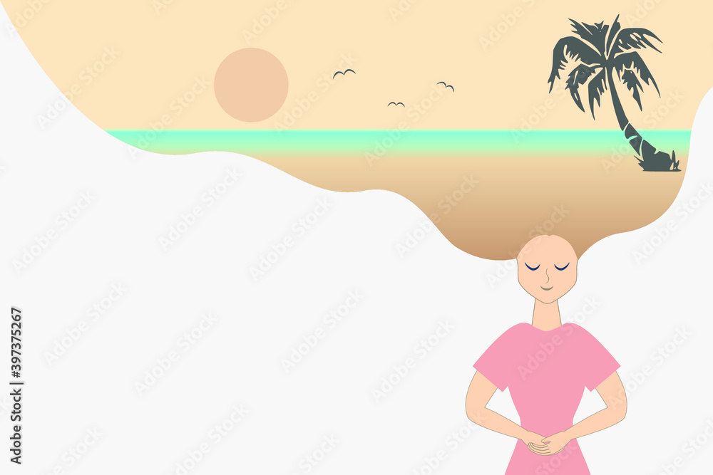 Girl, young woman dreams of rest. Vacation. Background for advertising resort. Beach, sun, palm trees. Vector