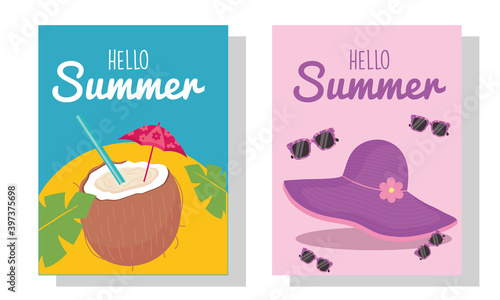 hello summer coconut cocktail hat and glasses vector design