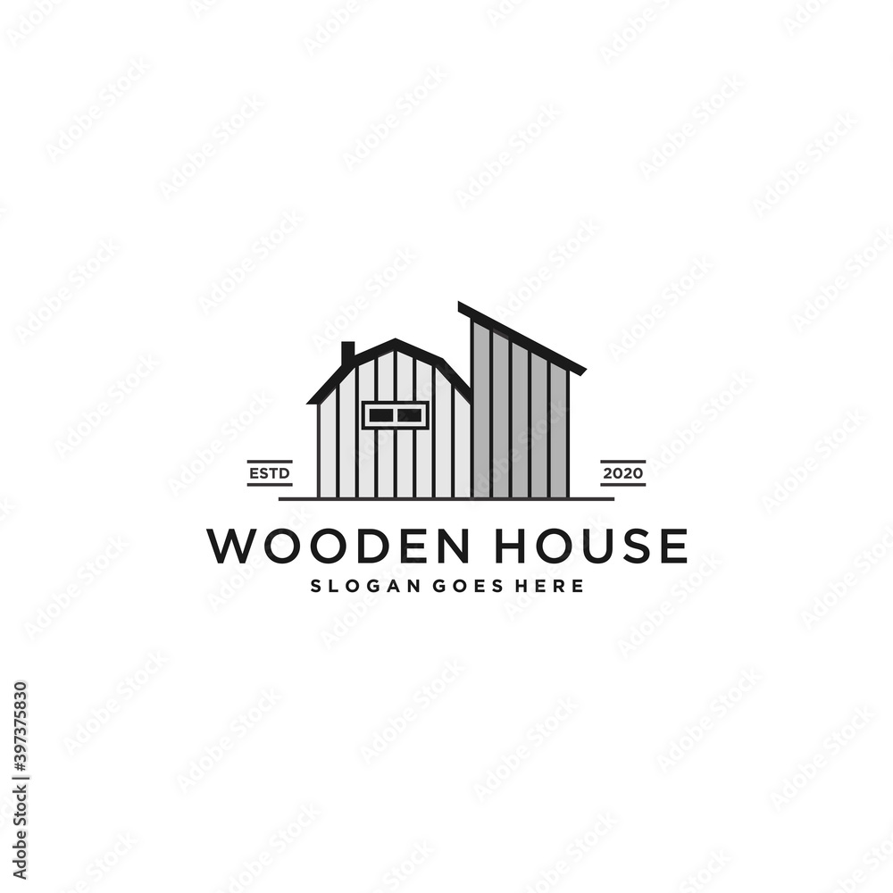 Wooden house logo for company or farm with line art concept Premium Vector