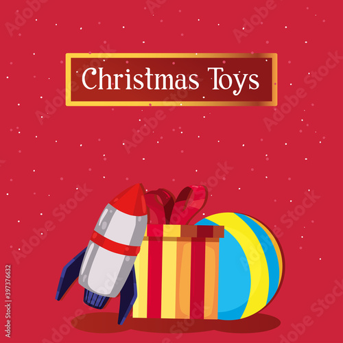 merry christmas toys rocket gift and ball vector design