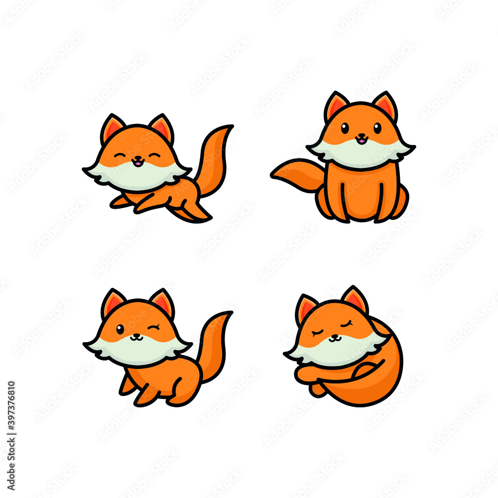 Obraz Kreskówka czerwony lis. Śmieszne lisy z czarnymi łapami, słodkie skaczące zwierzę. Foxy charakter, drapieżnik maskotka lisa lub ssak dzikich zwierząt leśnych. Zestaw ikon ilustracji na białym tle wektor