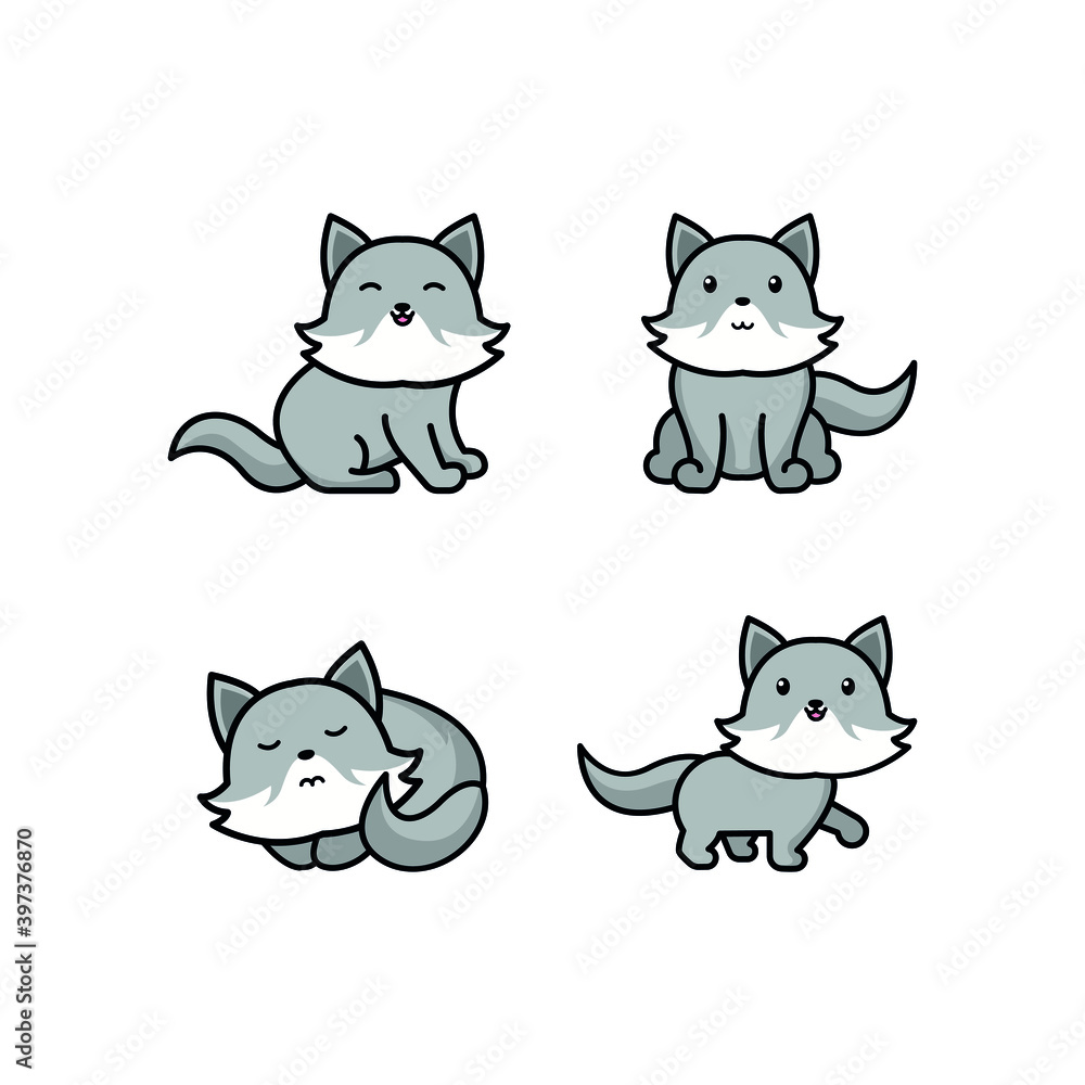 Vector set of cartoon style hand drawn flat funny wolves in different poses. Cute illustration of woodland animals for children’s design Vector set of cartoon style hand drawn flat funny wolves in different poses. Cute illustration of woodland animals for children’s design