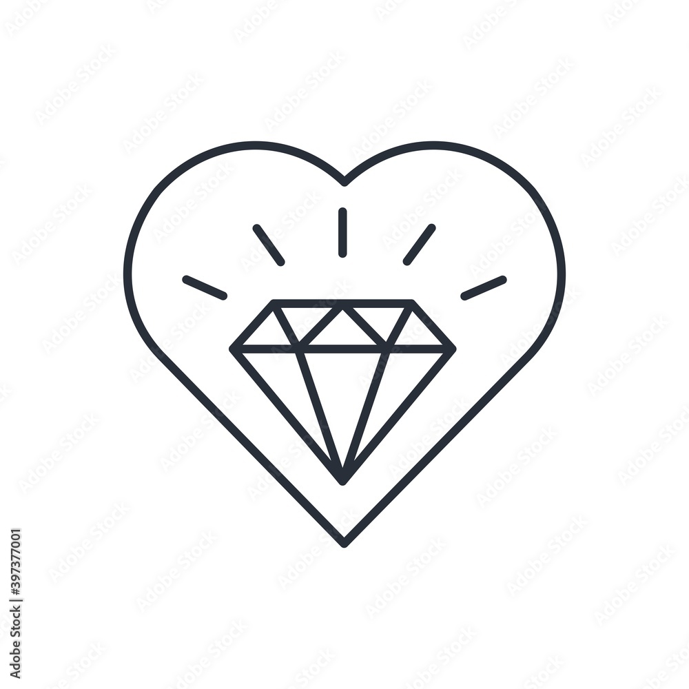 A precious stone in the heart. Human character, behavior. Noble heart. Vector linear icon isolated on white background.