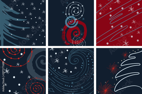 Set of winter abstract background. Template, pre-made modern Christmas design. Winter graphic illustration with tree, shape, snowflake, snowball in navy blue, red for winter poster, holiday branding
