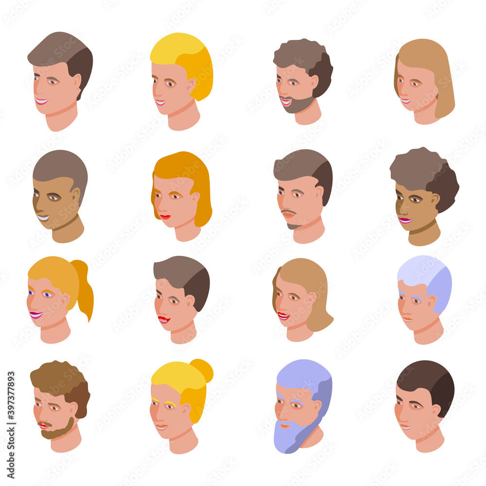 Smiling people icons set. Isometric set of smiling people vector icons for web design isolated on white background