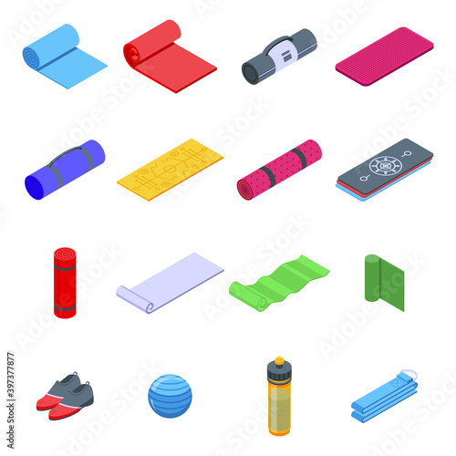 Yoga mat icons set. Isometric set of yoga mat vector icons for web design isolated on white background