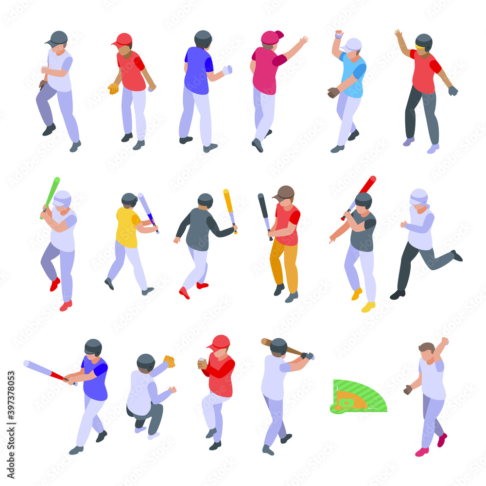 Kids playing baseball icons set. Isometric set of kids playing baseball vector icons for web design isolated on white background