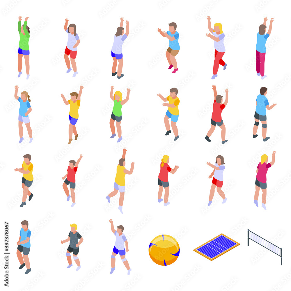 Kids playing volleyball icons set. Isometric set of kids playing volleyball vector icons for web design isolated on white background Kids playing volleyball icons set. Isometric set of kids playing volleyball vector icons for web design isolated on white background