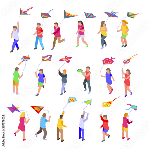 Kids playing with kite icons set. Isometric set of kids playing with kite vector icons for web design isolated on white background
