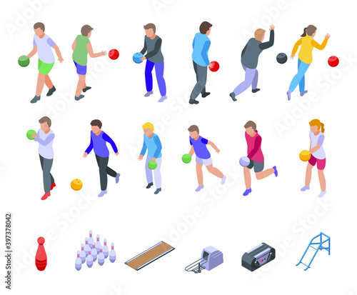 Kids playing bowling icons set. Isometric set of kids playing bowling vector icons for web design isolated on white background