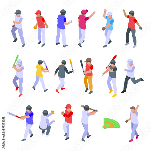 Kids playing baseball icons set. Isometric set of kids playing baseball vector icons for web design isolated on white background
