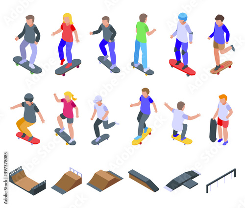 Children skateboarding icons set. Isometric set of children skateboarding vector icons for web design isolated on white background