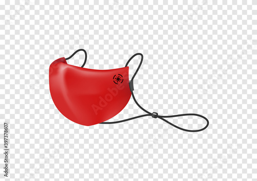 red cotton face mask with long strap and virus logo to protect corona virus Covid19 vector isolated on transparency background