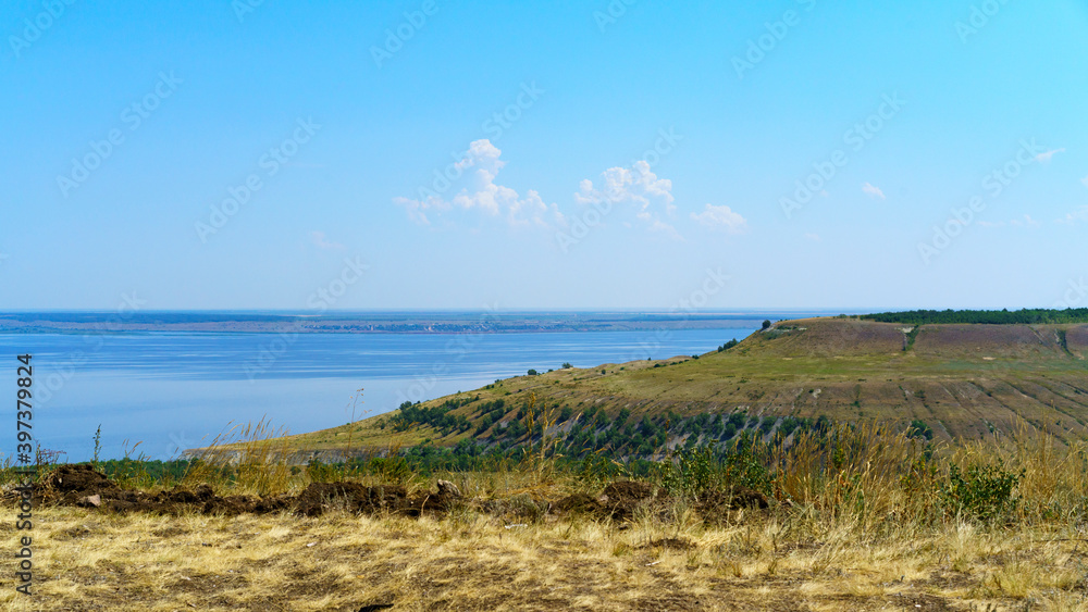 Landscape with steep banks on the Volga river in Russia.