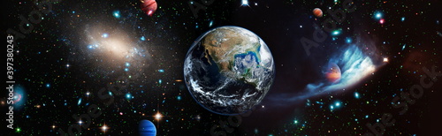 Planet Earth view. The World Globe from Space in a star field showing the terrain and clouds. Elements of this image are furnished by NASA