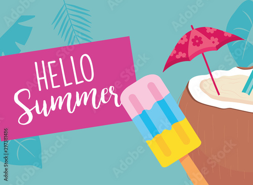 hello summer coconut cocktail and ice cream vector design