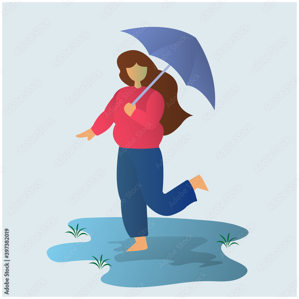 illustration design of woman in red shirt carrying umbrella