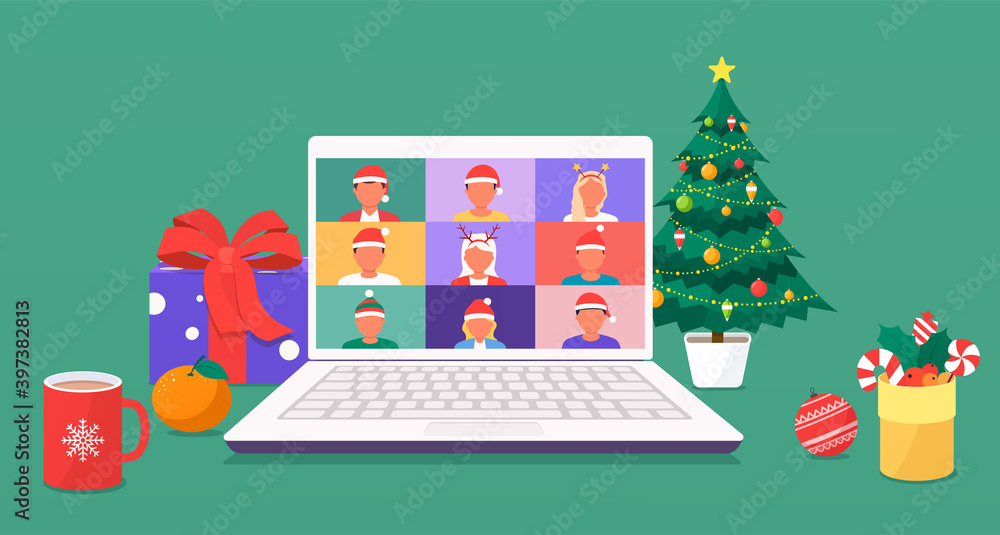 Colleagues talk to each other on a laptop screen via video call. Men and women in New Year's hats meet by videoconference discussing New Year's holidays, Christmas tree decorations, gifts. Colleagues talk to each other on a laptop screen via video call. Men and women in New Year's hats meet by videoconference discussing New Year's holidays, Christmas tree decorations, gifts.